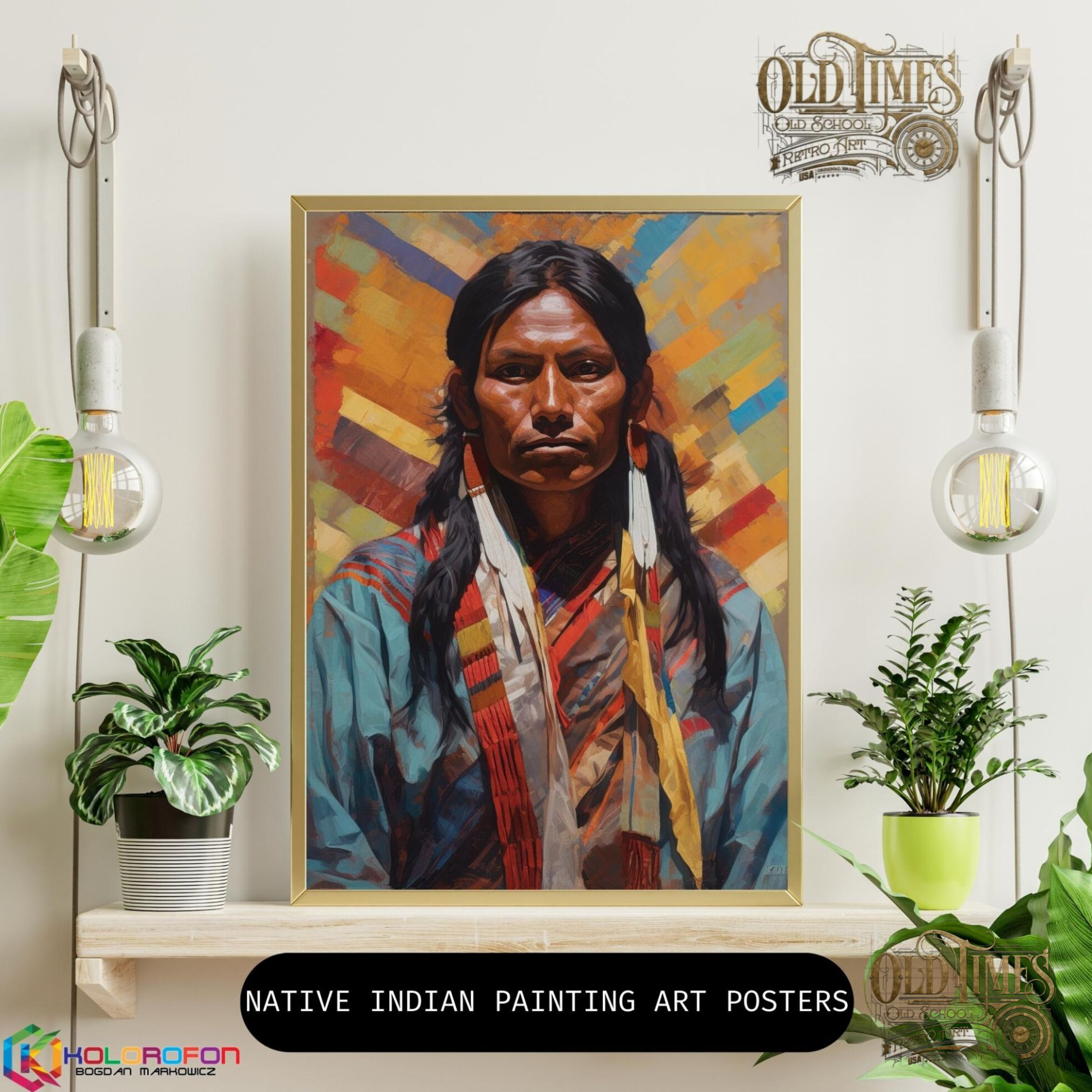 Plakaty od Old Times - Amerykański Indianin w tradycyjnym stroju v2 malowany obraz plakat 8k 94 INDIAN Native usa painting posters indianie plakaty kolorofon Modern Living Room Wall Art Poster Frame Mockup Instagram Post scaled