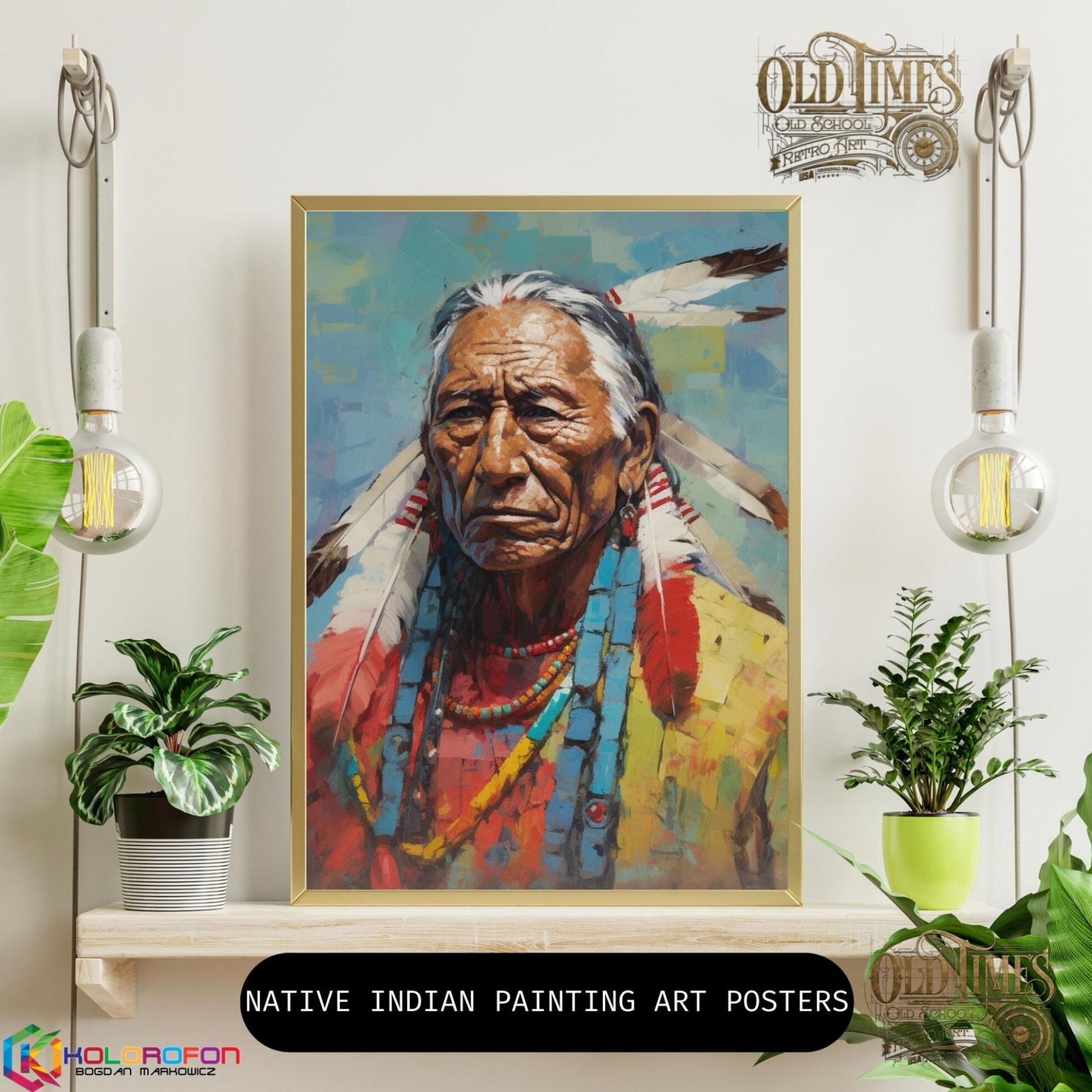 Plakaty od Old Times - Amerykański Indianin w tradycyjnym stroju v3 malowany obraz plakat 8k 88 Indian native painting plakaty kolorofon old times Modern Living Room Wall Art Poster Frame Mockup Instagram Post scaled