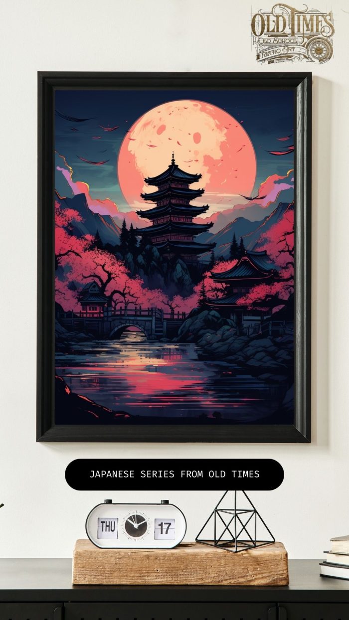 Japanese series from old times kolorofon japan sumi art ink obraz malowany plakat zachod slonca ksiezyc do sypialni ksiezyc w nocy v1