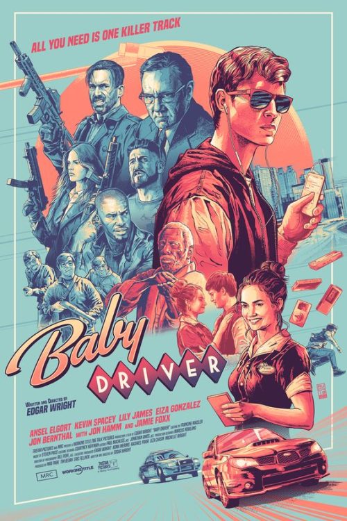 Baby Driver – amerykansko brytyjski film kryminalny z 2017 roku w rezyserii Edgara Wrighta plakaty filmowe do domu i biura