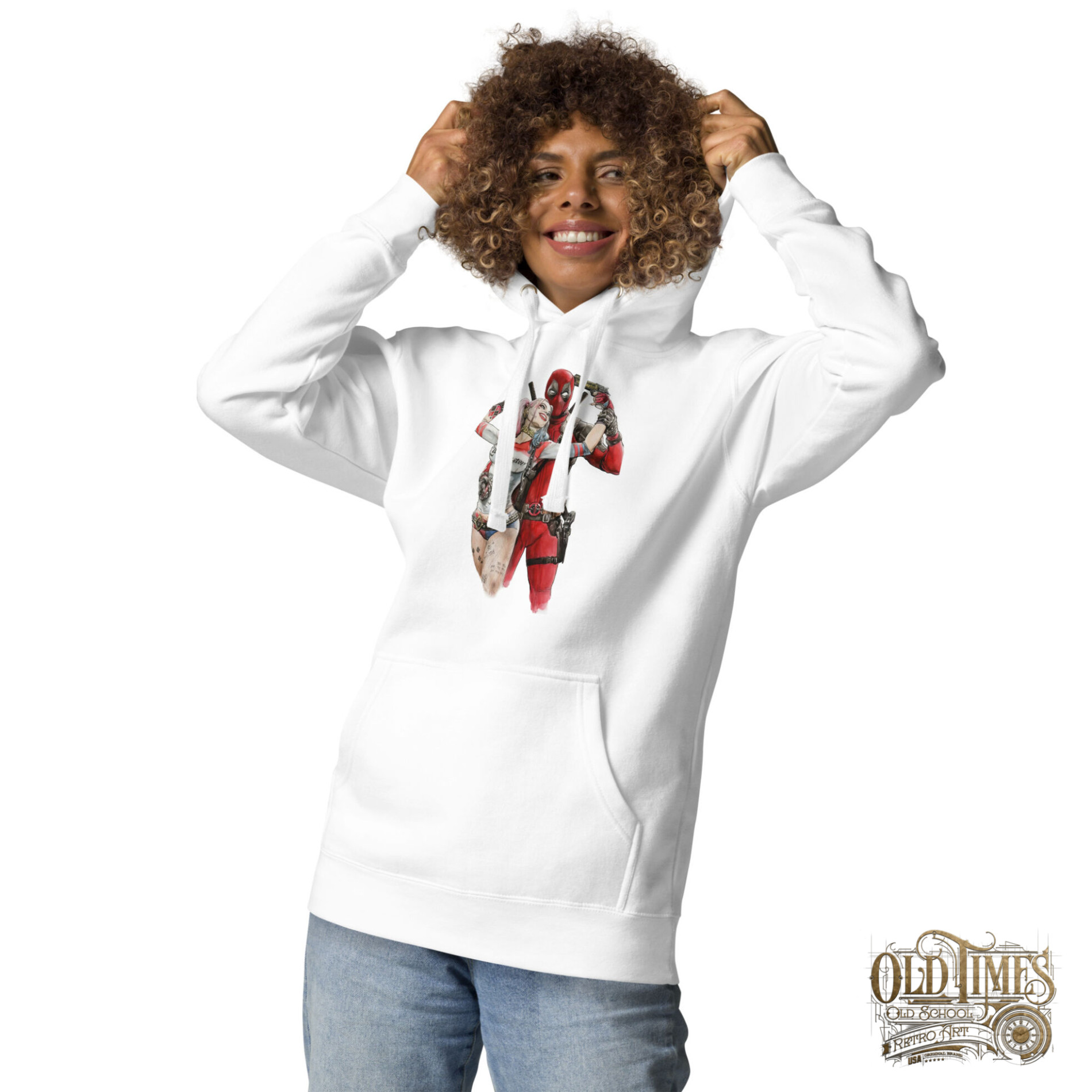 Deadpool and harley quinn Unisex Hoodie Bluza biała z kapturem premium - Old Times Vintage Art 2 Deadpool and harley quinn Unisex Hoodie Bluza biała z kapturem premium - Old Times Vintage Art - obrazek 2