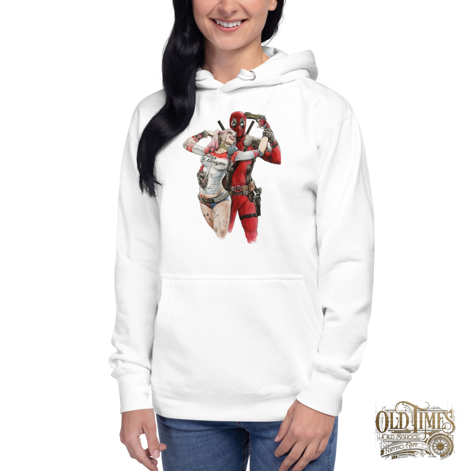 Deadpool and harley quinn Unisex Hoodie Bluza biała z kapturem premium - Old Times Vintage Art 4 Deadpool and harley quinn Unisex Hoodie Bluza biała z kapturem premium - Old Times Vintage Art - obrazek 4