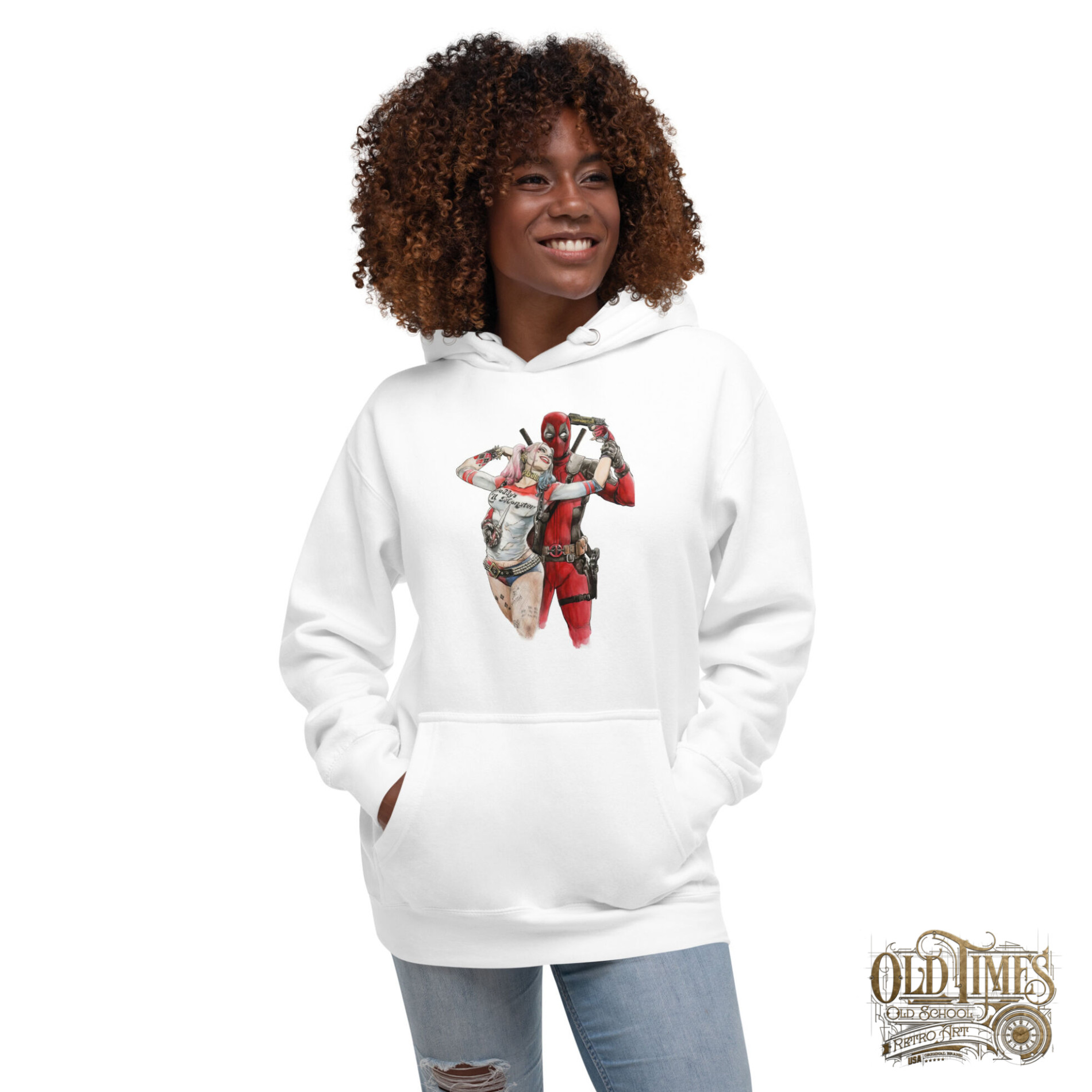 Deadpool and harley quinn Unisex Hoodie Bluza biała z kapturem premium - Old Times Vintage Art 5 Deadpool and harley quinn Unisex Hoodie Bluza biała z kapturem premium - Old Times Vintage Art - obrazek 5