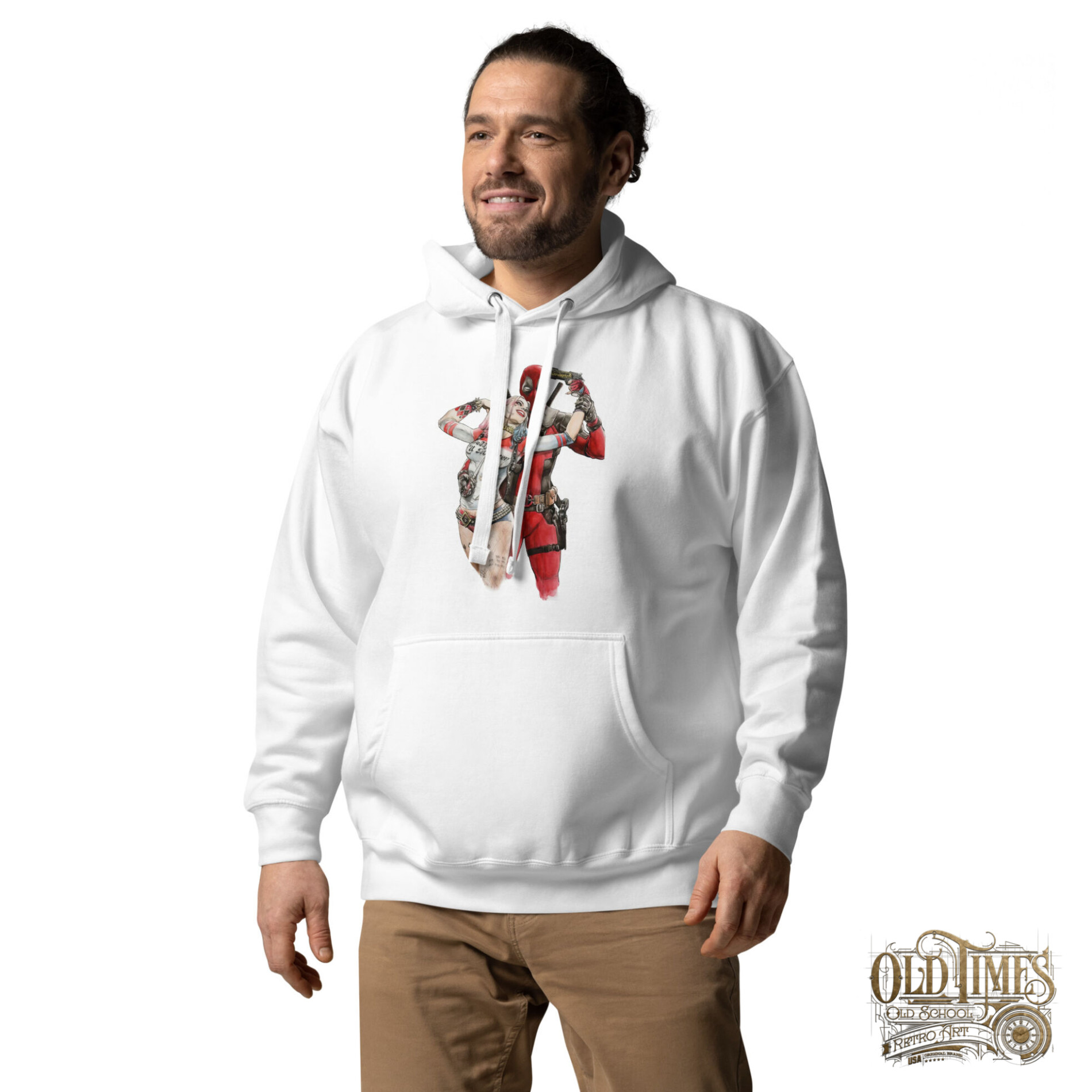 Deadpool and harley quinn Unisex Hoodie Bluza biała z kapturem premium - Old Times Vintage Art 1 Deadpool and harley quinn Unisex Hoodie Bluza biała z kapturem premium - Old Times Vintage Art