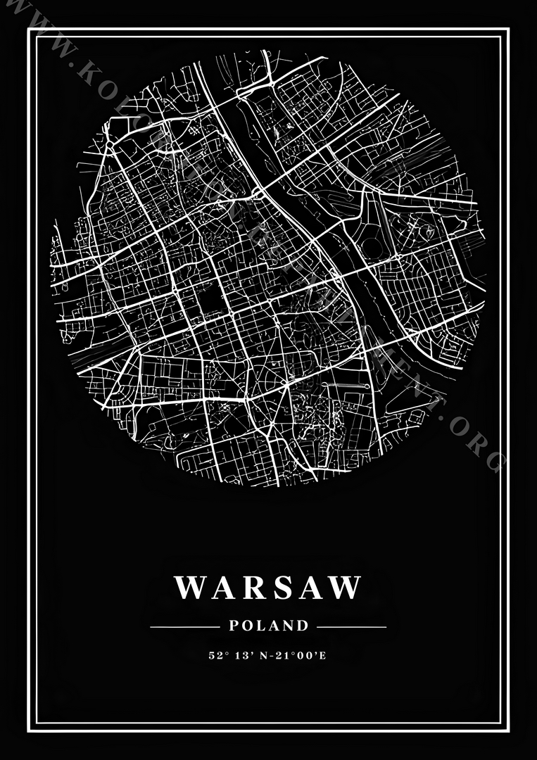 MAPY OZDOBNE - MAPA WARSZAWY Czarna koło V1 Mapa plakat 8K 16 MAPY OZDOBNE MAPA WARSZAWY Czarna kolo V1 Mapa plakat 8K