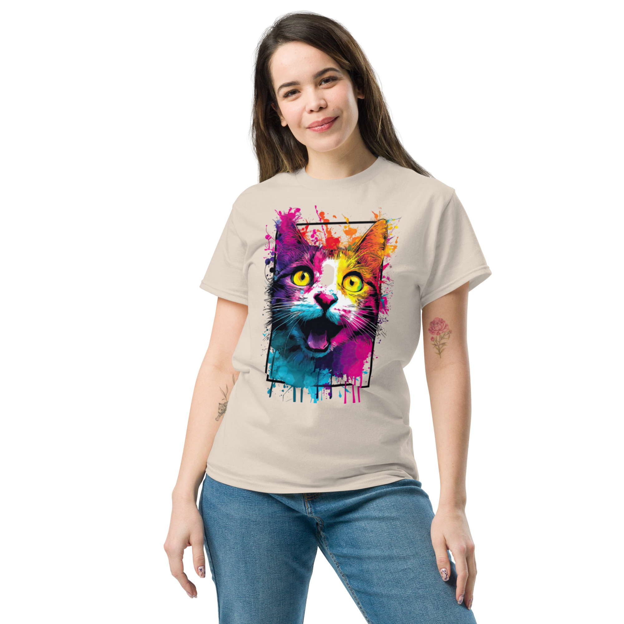 Koszulka artystyczna – Kolorowy uśmiechnięty kot v1 Unisex T-SHIRT by Old Times Vintage Art 44 unisex classic tee natural front 67f694409c8d5