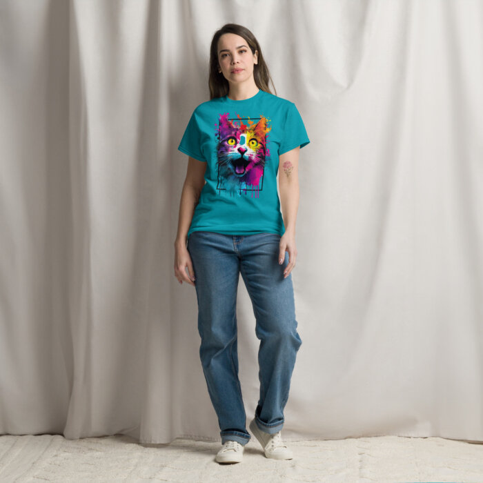 Koszulka artystyczna – Kolorowy uśmiechnięty kot v1 Unisex T-SHIRT by Old Times Vintage Art - obrazek 2