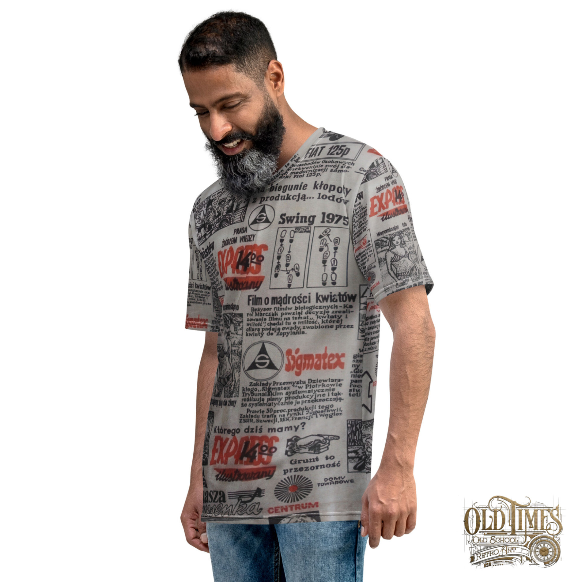 T- SHIRT Koszulka Full print Klasyka tzw Koszulka gazeta PRL Express ilustrowany 1975 rok Made in USA 97 all over print mens crew neck t shirt white left 687d5bcd591ae scaled