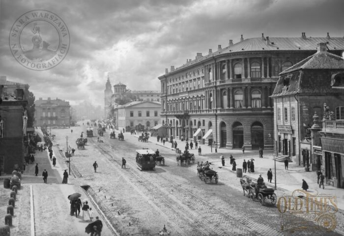 Stara Przedwojenna Warszawa - Widok Krakowskiego Przedmieścia lata 20 - czarno biały plakat 8K