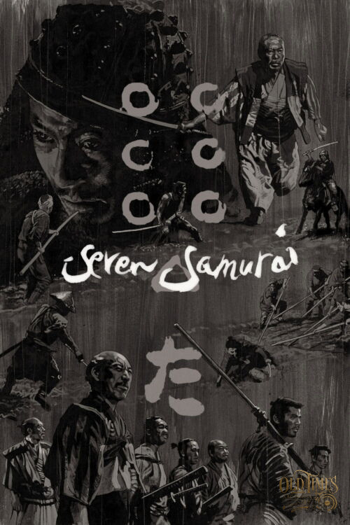 Japońskie Plakaty filmowe Klasyka kina - Siedmiu samurajów (1954) Akira Kurosawa v3 angielski Plakat wysokiej jakości remasterowany reprint 8K